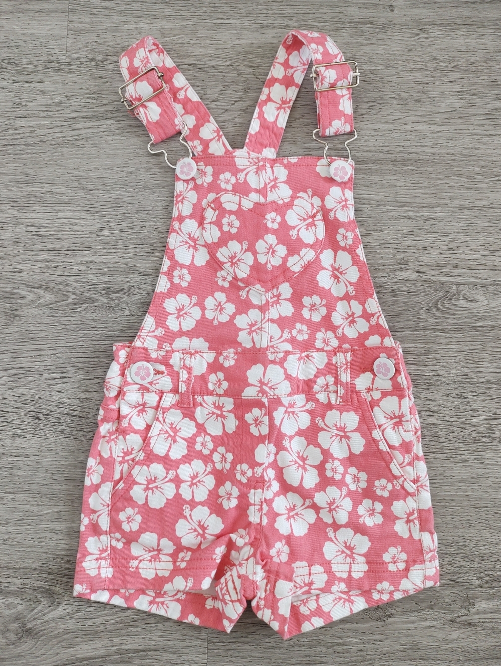 Pre Love Girls Pink hawaiian Floral Short Overalls Size 2-3